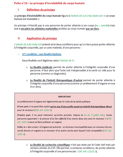 Fiche Le principe dinviolabilite du corps humain Droit des personnes