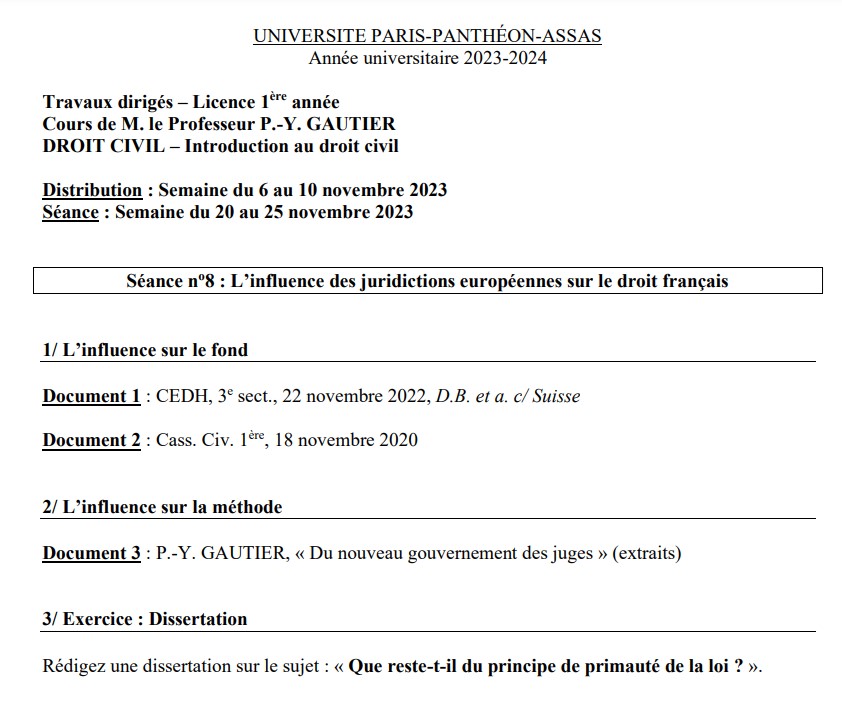 Exemple de TD en L1 de droit - Introduction au droit, Université Paris Panthéon Assas