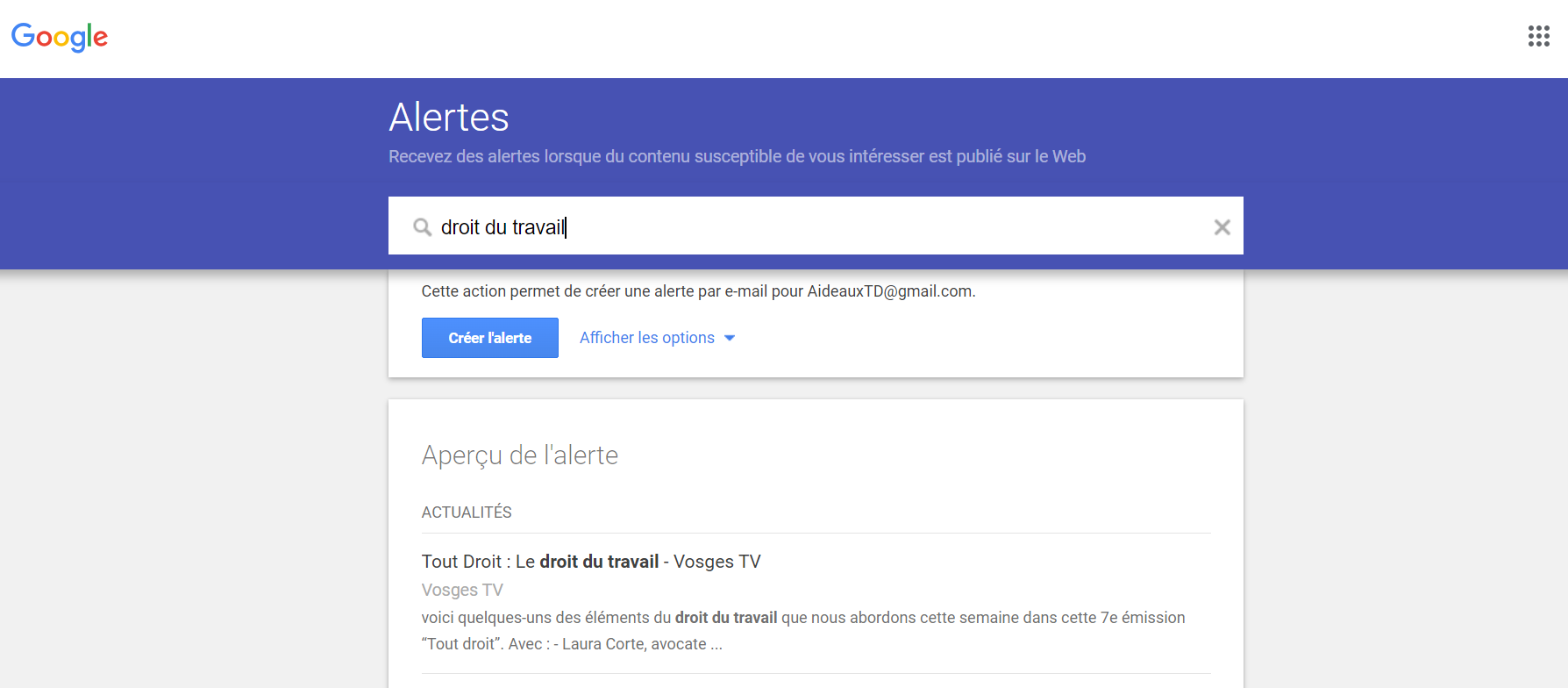 Alerte google pour veille juridique