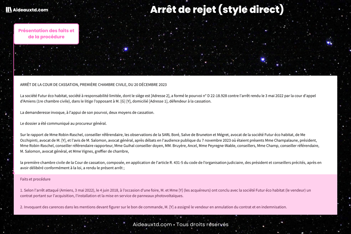 Arret de rejet style direct faits et procedure