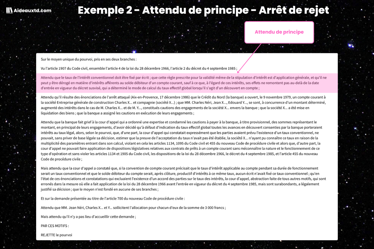 Exemple 2 Attendu de principe Arret de rejet